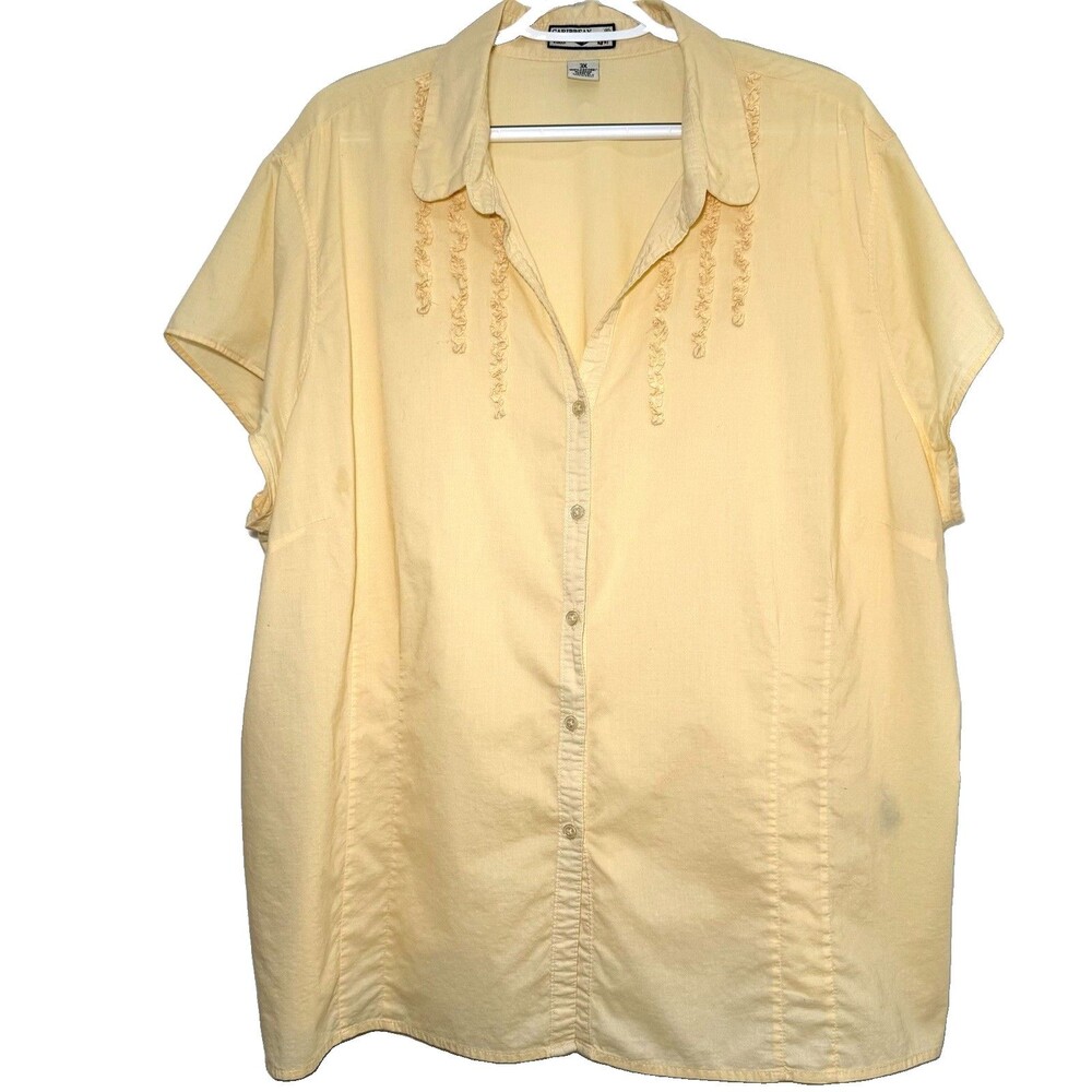 Caribbean Joe Woman 3X Yellow Cotton Button Front Camp Shirt Ruffle Trim Blouse